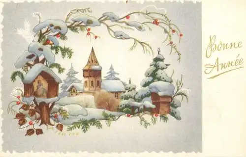 Holiday postcard New Year winter church village