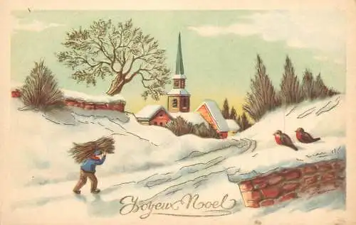 Holiday postcard Christmas wood carrier church
