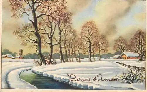 Holiday postcard New Year winter scenery river