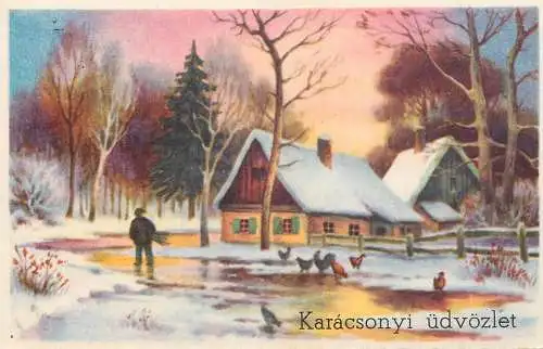 Holiday postcard Christmas farm landscape