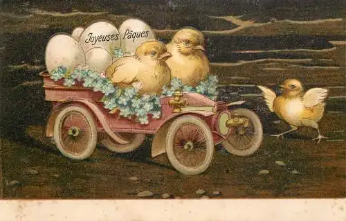 Easter greetings fantasy vintage postcard humanized chicks automobile lily of the valley
