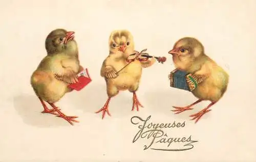 Easter greetings fantasy vintage postcard humanized chicks musicians