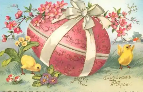 Easter greetings fantasy vintage postcard chicks giant egg