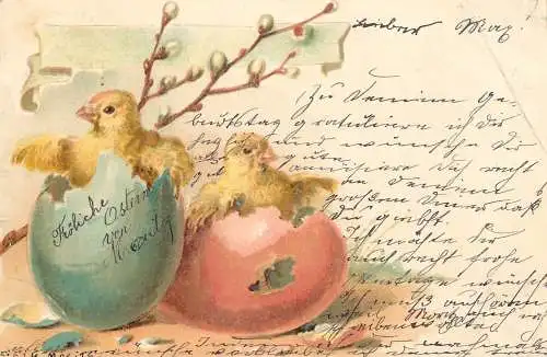Easter greetings fantasy vintage postcard eggs and chicks
