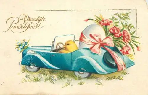 Easter greetings fantasy vintage postcard humanized chicken driving a car
