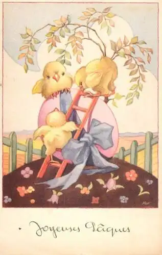 Easter greetings fantasy vintage postcard egg chicks