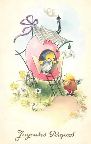 Easter greetings fantasy vintage postcard egg chicks humanized birds
