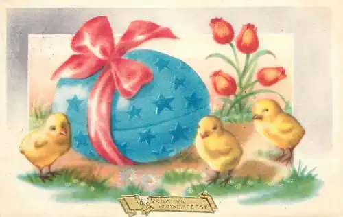 Easter greetings fantasy vintage postcard egg chicks