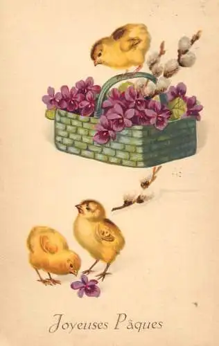 Easter greetings fantasy vintage postcard egg chicks lilac basket