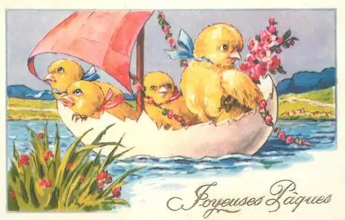 Easter greetings fantasy vintage postcard egg chicks flowers sailing vessel