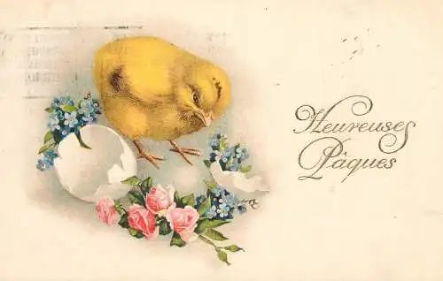 Easter greetings fantasy vintage postcard egg chicks flowers lily of the valley