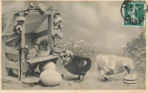 Easter greetings fantasy vintage postcard egg chicks