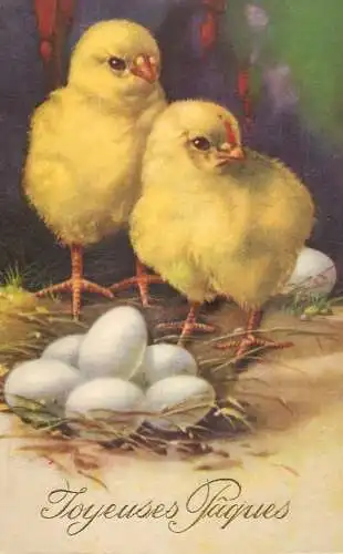 Easter greetings fantasy vintage postcard egg chicks