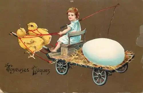 Easter greetings fantasy vintage postcard chicken eggs cart