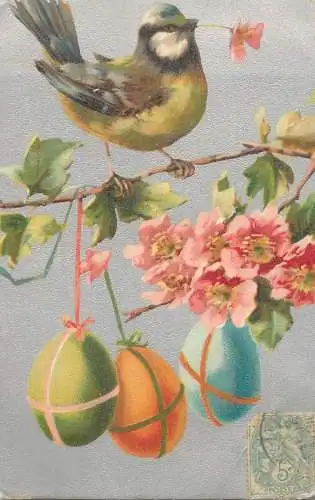 Easter greetings fantasy vintage postcard chicken eggs flowers