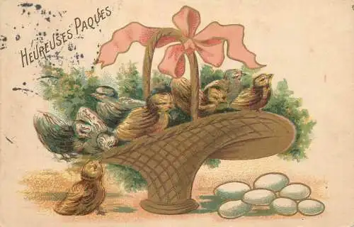 Easter greetings fantasy vintage postcard chicken chicks basket eggs