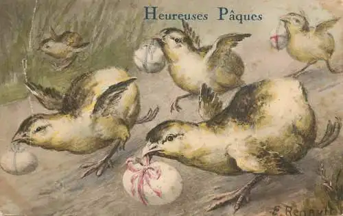 Easter greetings fantasy vintage postcard chicken delivering eggs