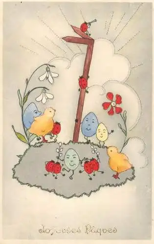 Easter greetings fantasy vintage postcard eggs ladybug