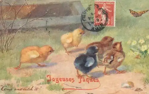 Easter greetings fantasy vintage postcard chicks butterfly