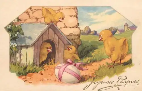 Easter greetings fantasy vintage postcard chicks egg