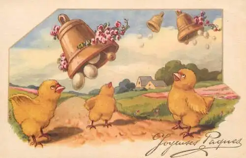 Easter greetings fantasy vintage postcard chicks bells