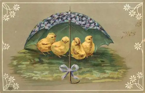 Easter greetings fantasy vintage postcard chicks flower umbrella chicks