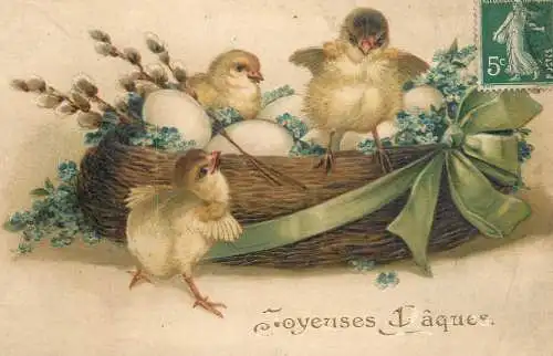 Easter greetings fantasy vintage postcard chicks egg basket lily of the valley