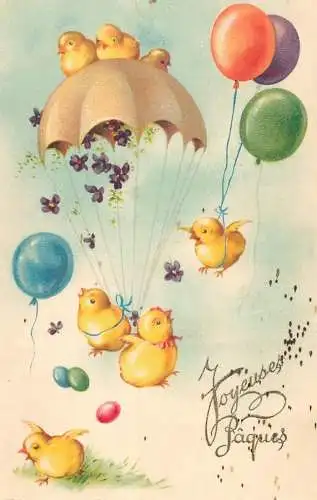 Easter greetings fantasy vintage postcard chicks parachute balloons
