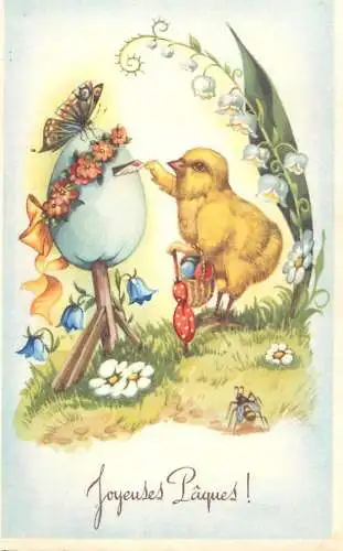 Easter greetings fantasy vintage postcard chicks mailbox flower