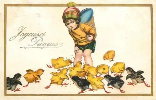 Easter greetings fantasy vintage postcard chicks girl basket