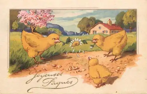 Easter greetings fantasy vintage postcard chicks daisy village landscape