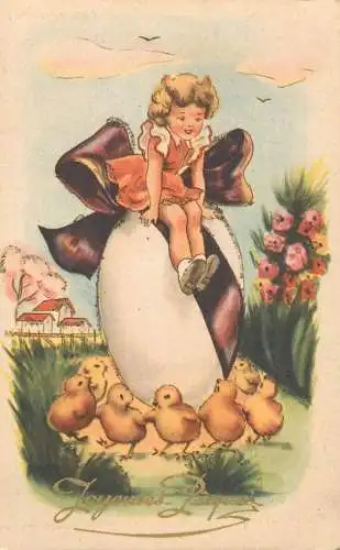 Easter greetings fantasy vintage postcard children chicks