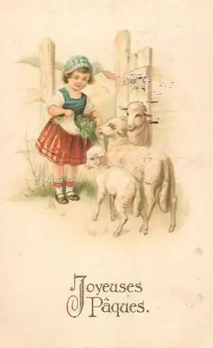 Easter greetings fantasy vintage postcard children lambs