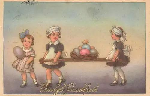 Easter greetings fantasy vintage postcard children egg basket