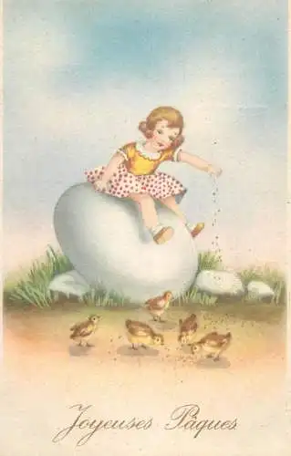 Easter greetings fantasy vintage postcard large egg chicks dress