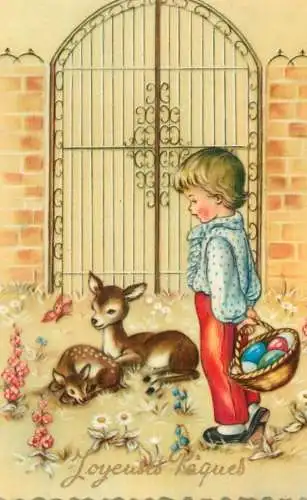 Easter greetings fantasy vintage postcard egg basket deer
