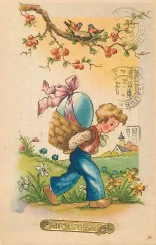 Easter greetings fantasy vintage postcard basket children birds