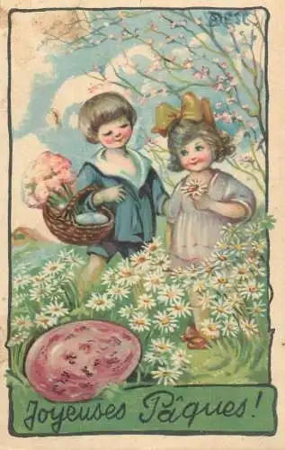 Easter greetings fantasy vintage postcard basket children daisy flowers