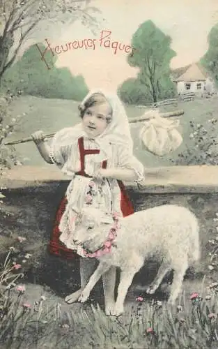 Easter greetings fantasy vintage postcard lamb traditional costumes