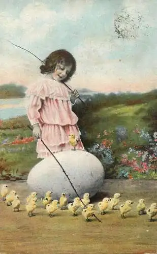 Easter greetings fantasy vintage postcard egg flowers chicks