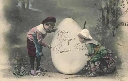 Easter greetings fantasy vintage postcard egg flowers