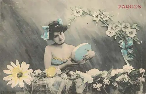 Easter greetings fantasy vintage postcard egg flowers lady