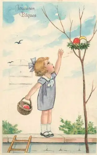 Easter greetings fantasy vintage postcard egg basket tree