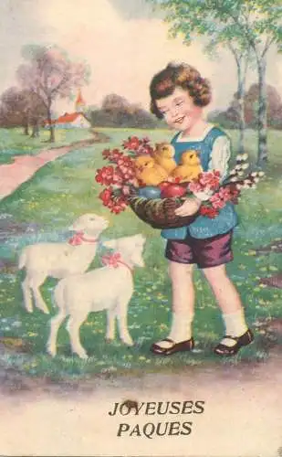 Easter greetings fantasy vintage postcard egg basket lambs girl
