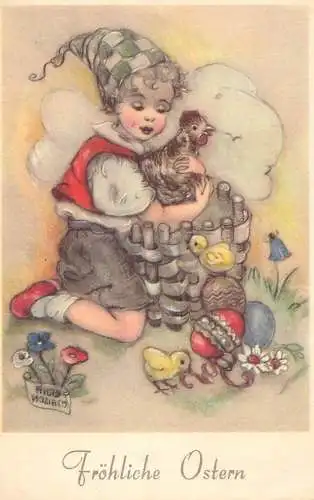 Easter greetings fantasy vintage postcard chicken eggs