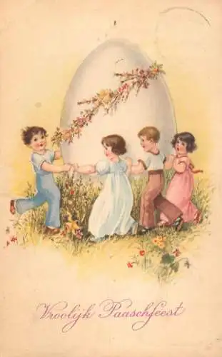 Easter greetings fantasy vintage postcard large egg children