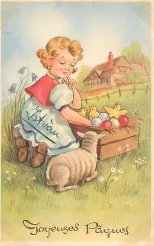 Easter greetings fantasy vintage postcard children egg box sheep