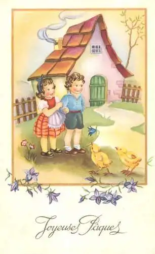 Easter greetings fantasy vintage postcard children house chicks