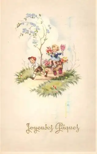 Easter greetings fantasy vintage postcard children cart flower
