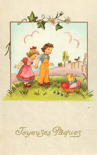 Easter greetings fantasy vintage postcard egg basket